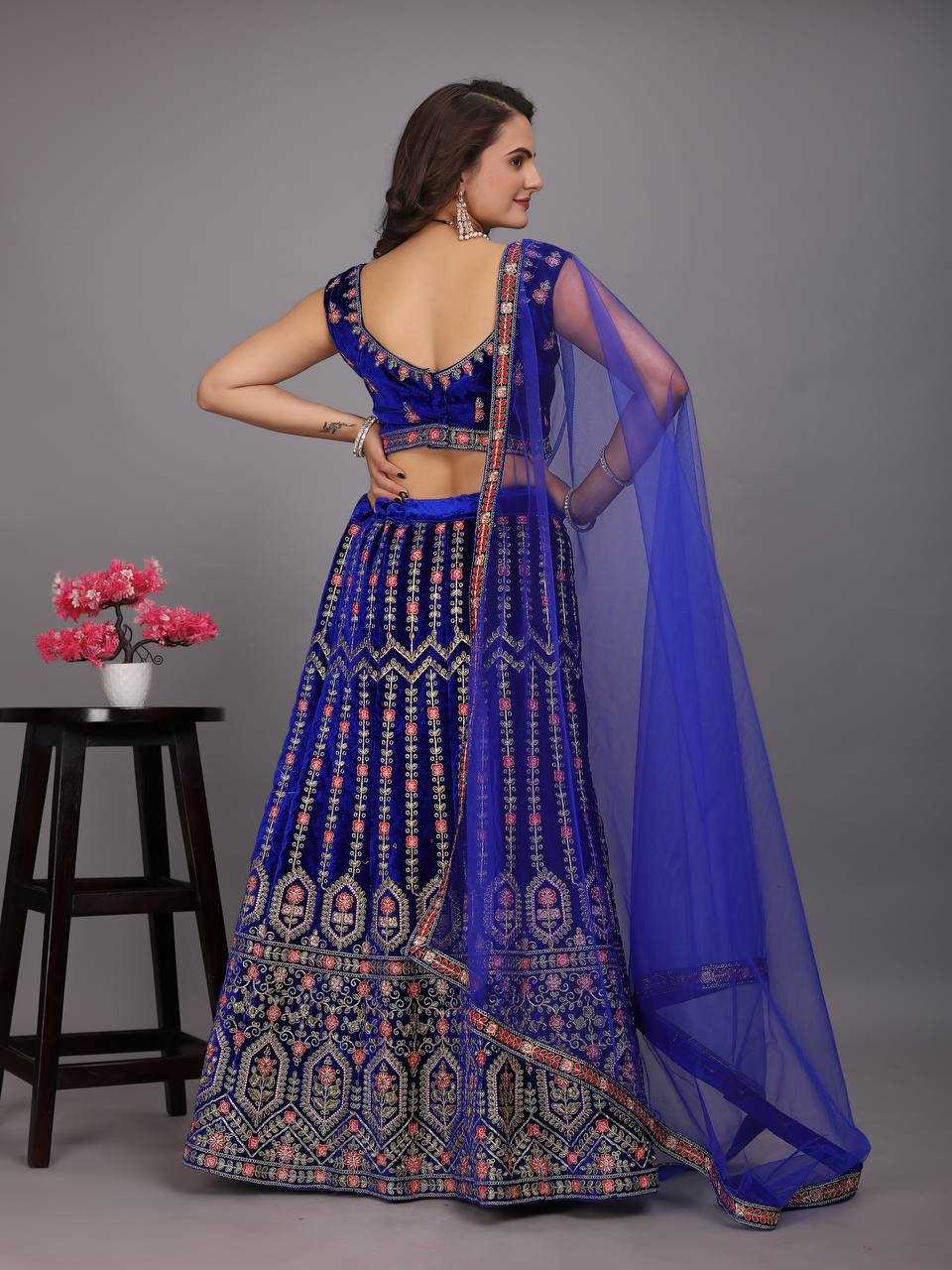 YNF VELVET KESH164 L48 LEHENGAS WHOLESALE DESIGENR VELVET WEDDING EMBROIDERED BLUE LEHENGAS MANUFACTURER - Deevit International