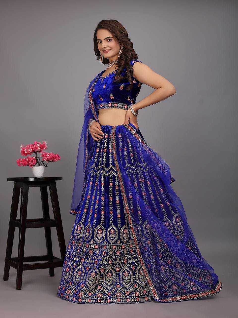 YNF VELVET KESH164 L48 LEHENGAS WHOLESALE DESIGENR VELVET WEDDING EMBROIDERED BLUE LEHENGAS MANUFACTURER - Deevit International