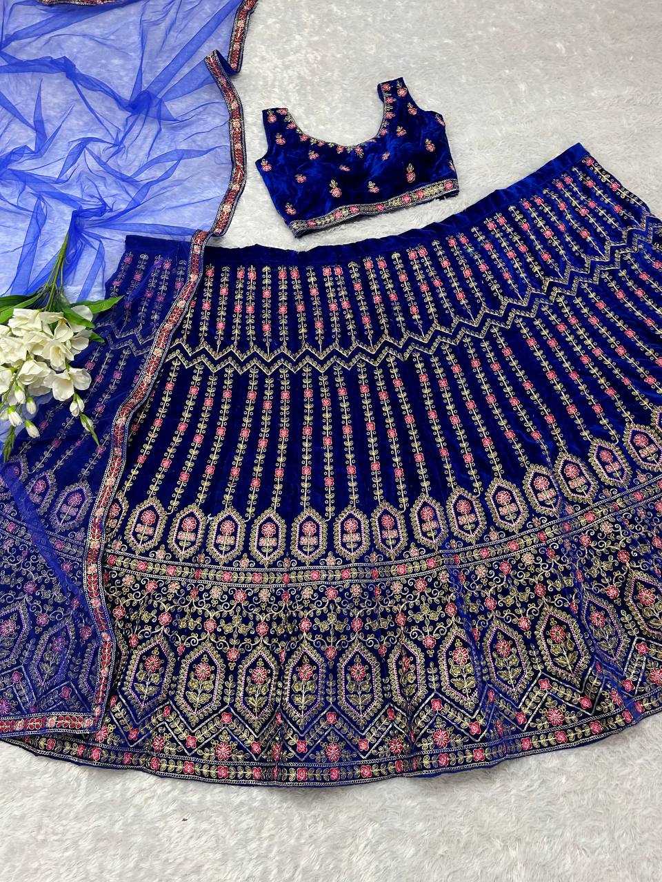 YNF VELVET KESH164 L48 LEHENGAS WHOLESALE DESIGENR VELVET WEDDING EMBROIDERED BLUE LEHENGAS MANUFACTURER - Deevit International