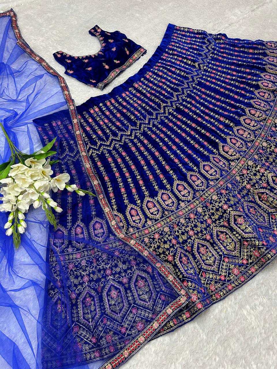 YNF VELVET KESH164 L48 LEHENGAS WHOLESALE DESIGENR VELVET WEDDING EMBROIDERED BLUE LEHENGAS MANUFACTURER - Deevit International