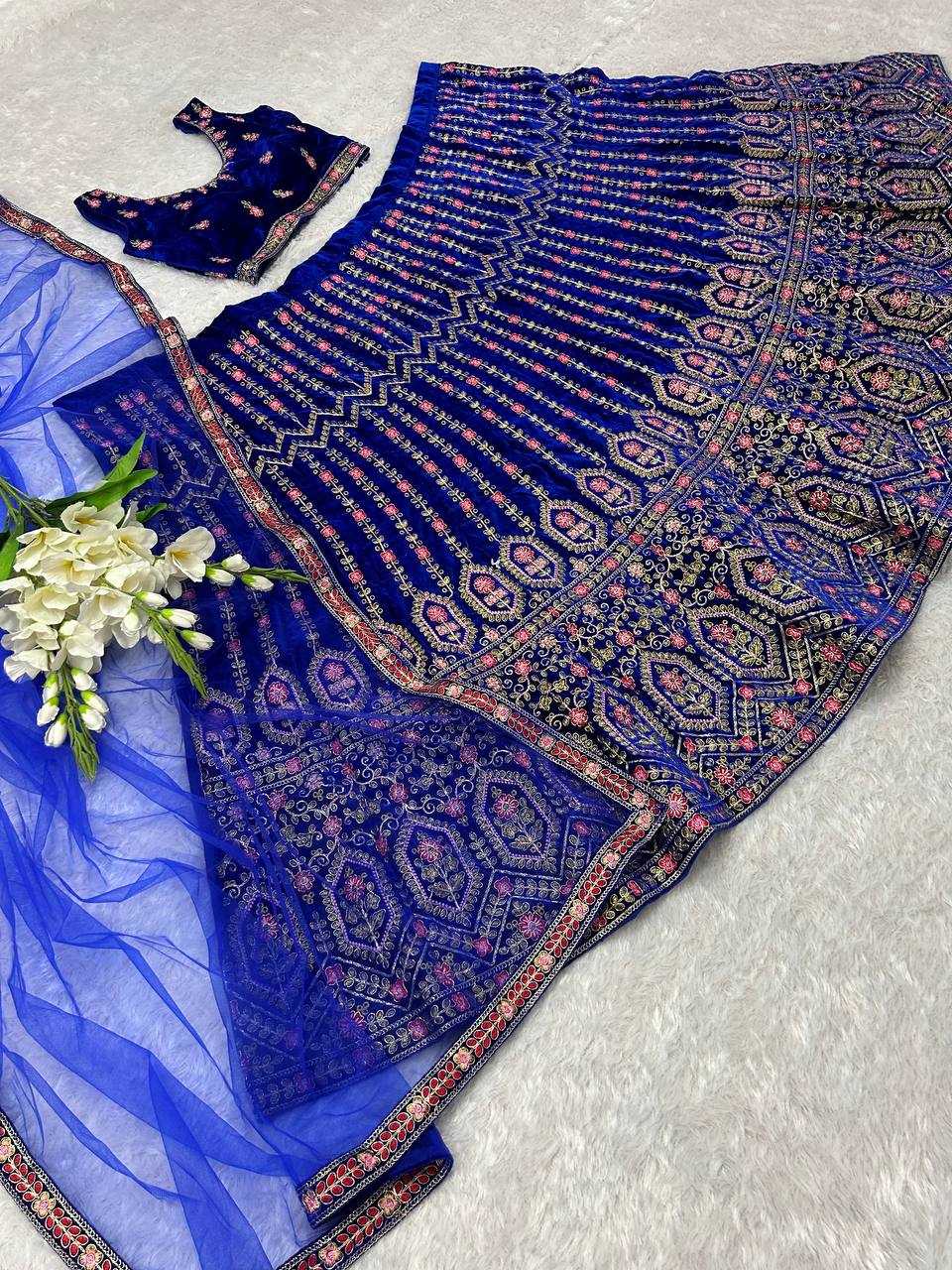 YNF VELVET KESH164 L48 LEHENGAS WHOLESALE DESIGENR VELVET WEDDING EMBROIDERED BLUE LEHENGAS MANUFACTURER - Deevit International