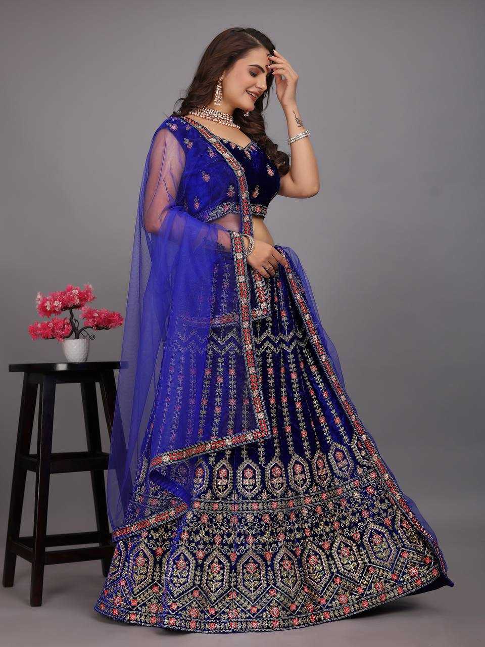 YNF VELVET KESH164 L48 LEHENGAS WHOLESALE DESIGENR VELVET WEDDING EMBROIDERED BLUE LEHENGAS MANUFACTURER - Deevit International