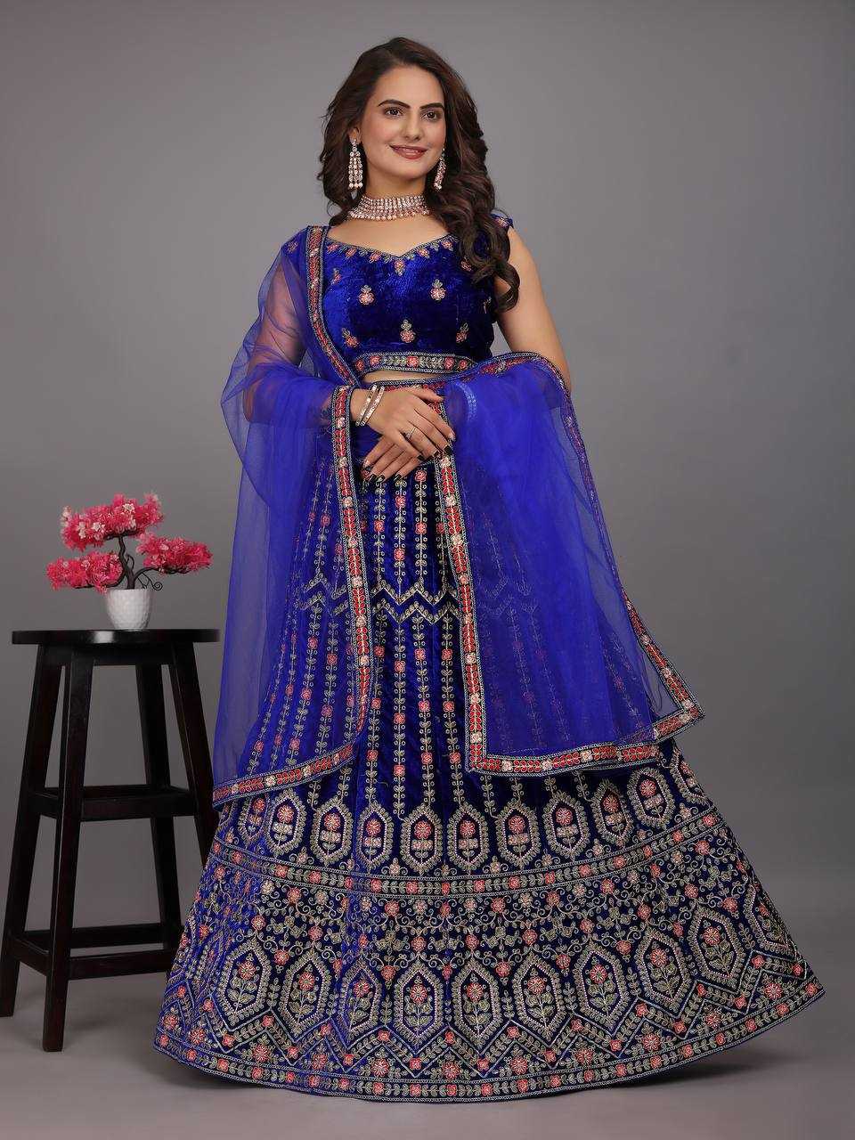 YNF VELVET KESH164 L48 LEHENGAS WHOLESALE DESIGENR VELVET WEDDING EMBROIDERED BLUE LEHENGAS MANUFACTURER - Deevit International