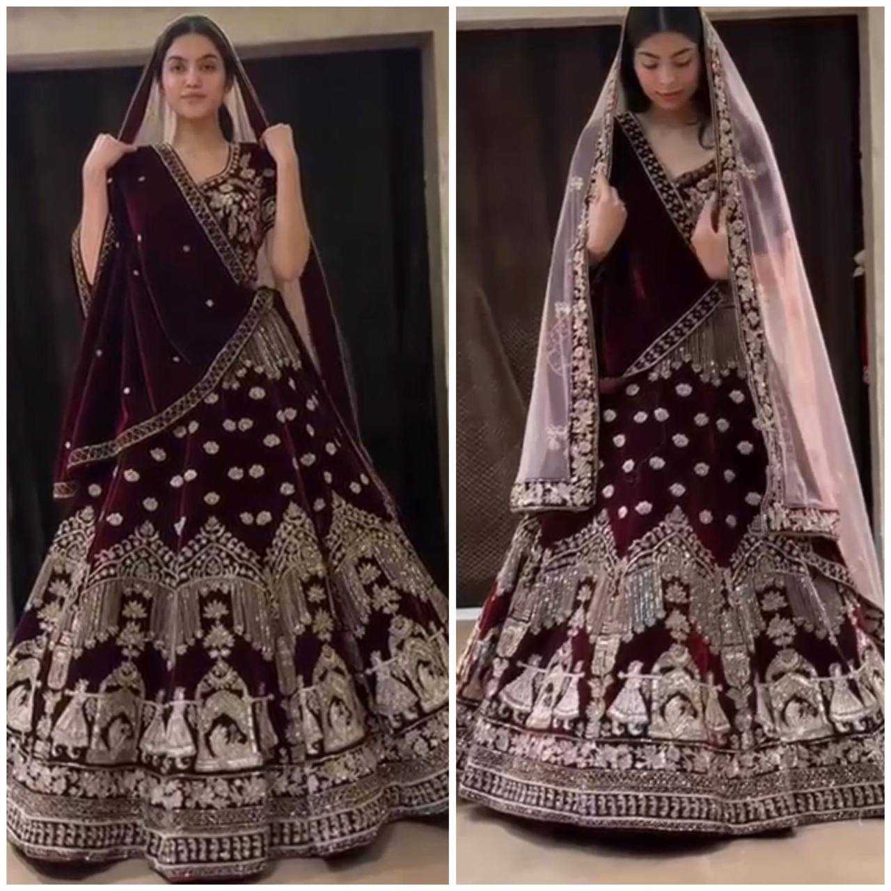 YNF VELVET RIN108 1685 LEHENGAS WHOLESALE DESIGNER BRIDAL EMBROIDERED VELVET SEQUINS LEHENGAS MANUFACTURER - Deevit International