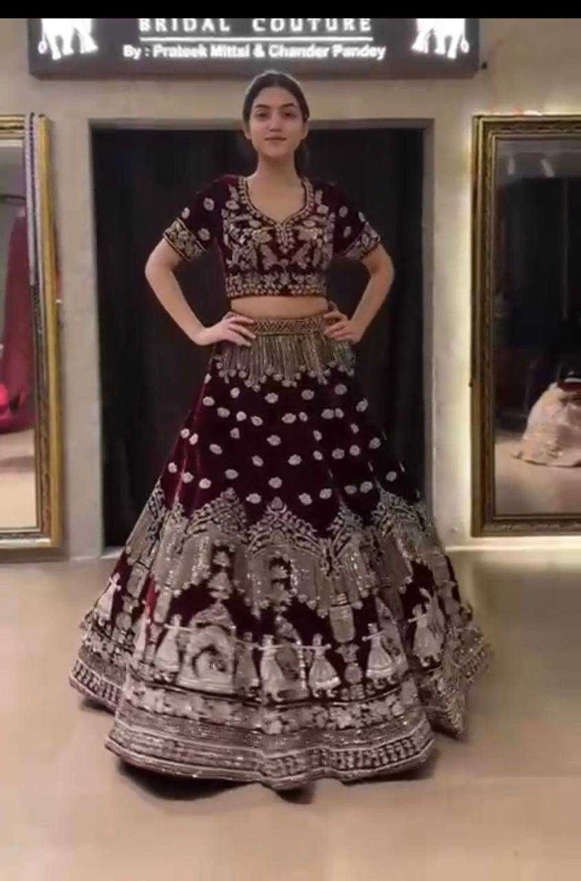 YNF VELVET RIN108 1685 LEHENGAS WHOLESALE DESIGNER BRIDAL EMBROIDERED VELVET SEQUINS LEHENGAS MANUFACTURER - Deevit International