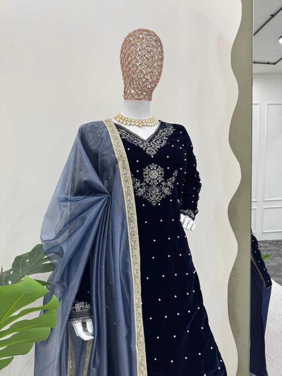 YNF VELVET RIN169 5771 SUITS & DRESSES WHOLESALE VELVET EMBROIDERY BLUE SALWAR LONG KURTI SUITS MANUFACTURE - Deevit International