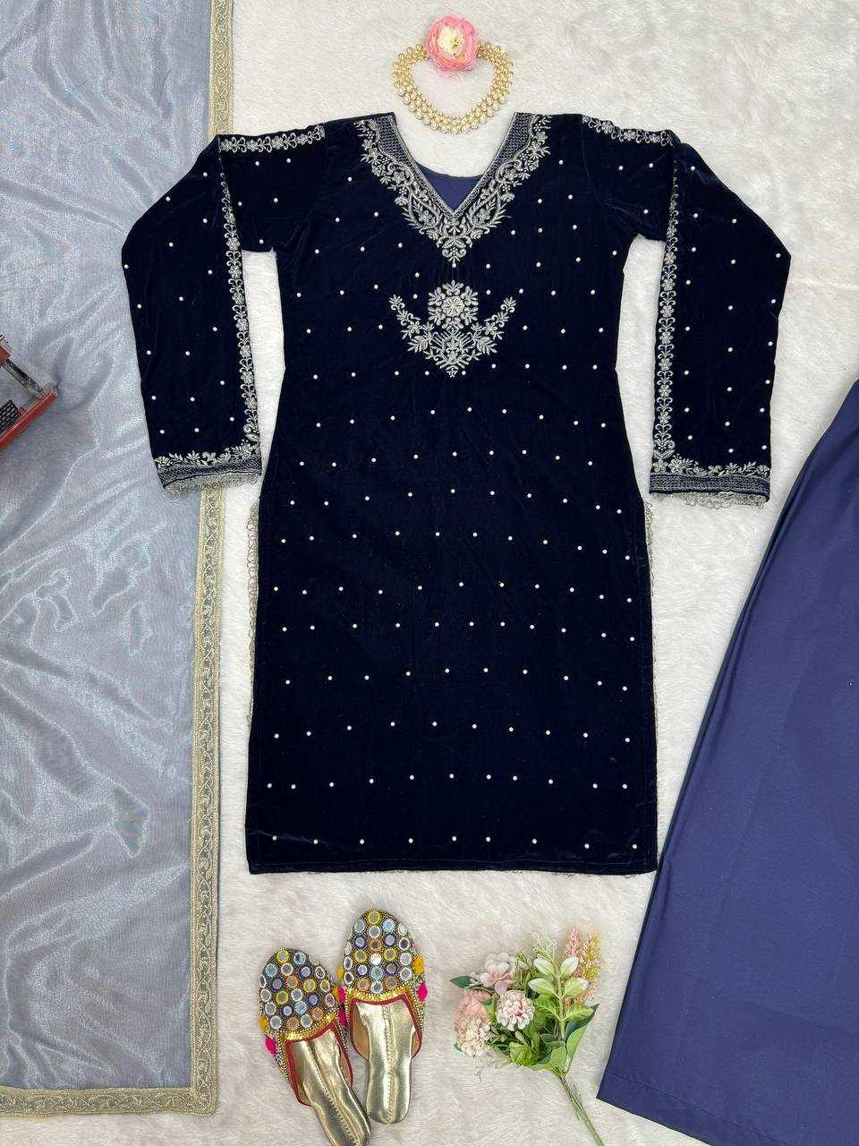 YNF VELVET RIN169 5771 SUITS & DRESSES WHOLESALE VELVET EMBROIDERY BLUE SALWAR LONG KURTI SUITS MANUFACTURE - Deevit International