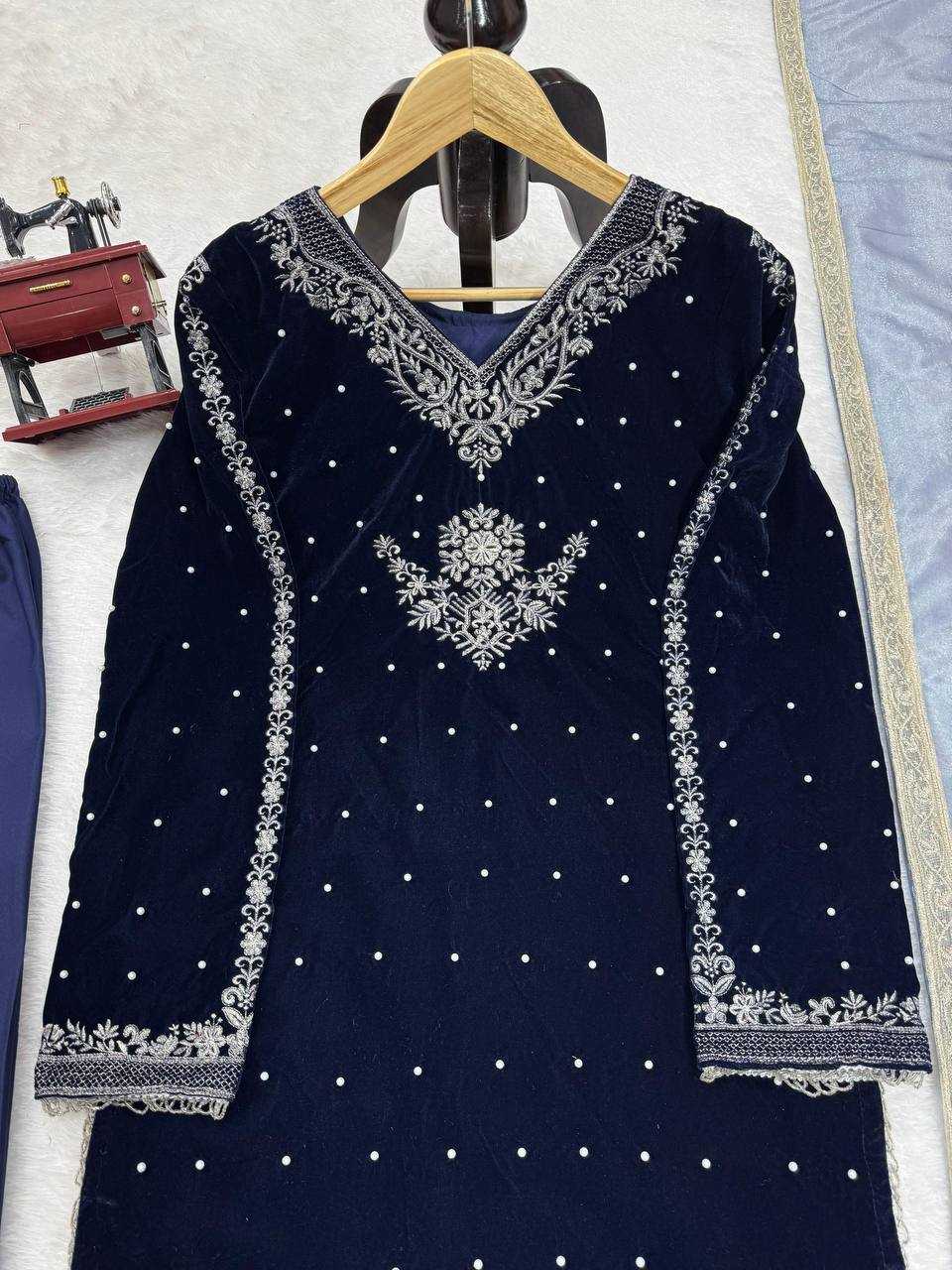 YNF VELVET RIN169 5771 SUITS & DRESSES WHOLESALE VELVET EMBROIDERY BLUE SALWAR LONG KURTI SUITS MANUFACTURE - Deevit International