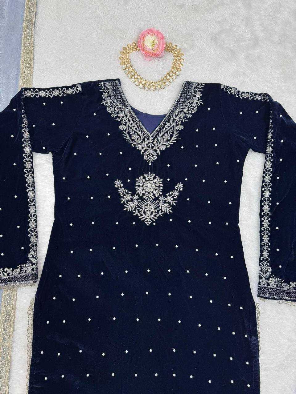 YNF VELVET RIN169 5771 SUITS & DRESSES WHOLESALE VELVET EMBROIDERY BLUE SALWAR LONG KURTI SUITS MANUFACTURE - Deevit International