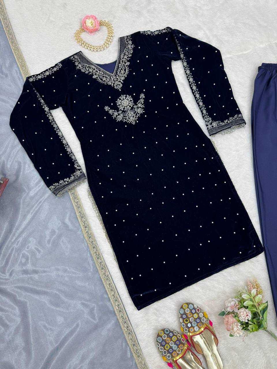 YNF VELVET RIN169 5771 SUITS & DRESSES WHOLESALE VELVET EMBROIDERY BLUE SALWAR LONG KURTI SUITS MANUFACTURE - Deevit International