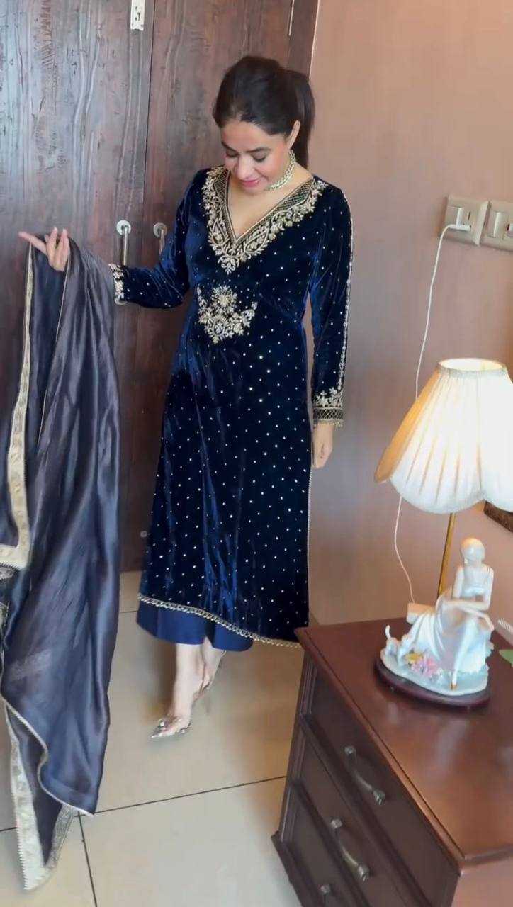 YNF VELVET RIN169 5771 SUITS & DRESSES WHOLESALE VELVET EMBROIDERY BLUE SALWAR LONG KURTI SUITS MANUFACTURE - Deevit International