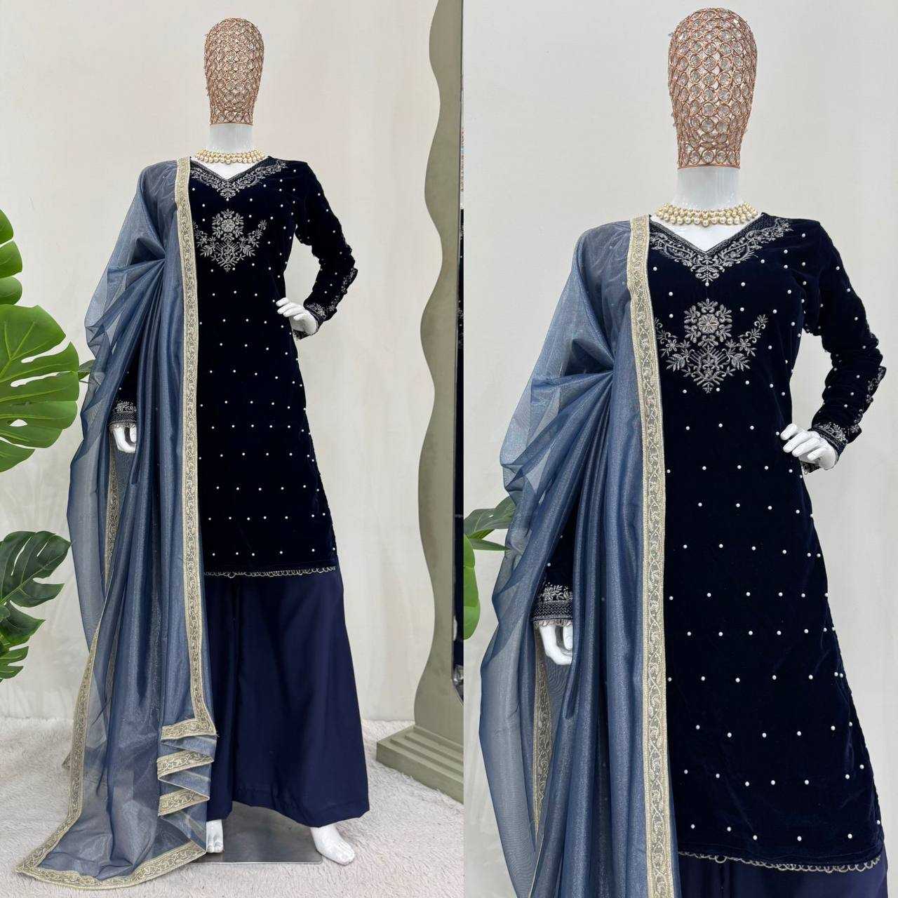 YNF VELVET RIN169 5771 SUITS & DRESSES WHOLESALE VELVET EMBROIDERY BLUE SALWAR LONG KURTI SUITS MANUFACTURE - Deevit International