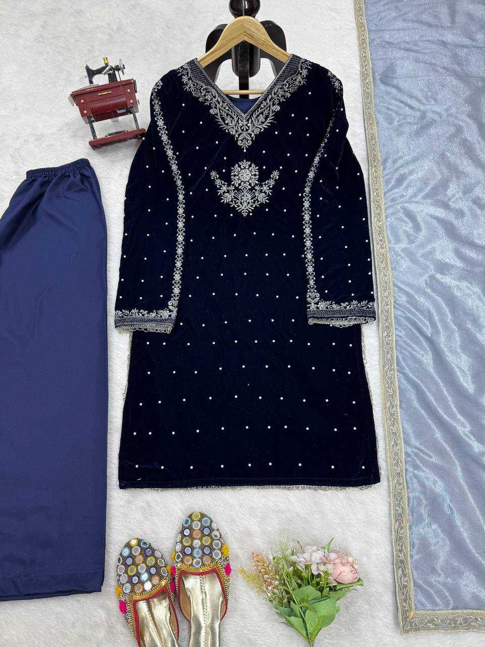 YNF VELVET RIN169 5771 SUITS & DRESSES WHOLESALE VELVET EMBROIDERY BLUE SALWAR LONG KURTI SUITS MANUFACTURE - Deevit International