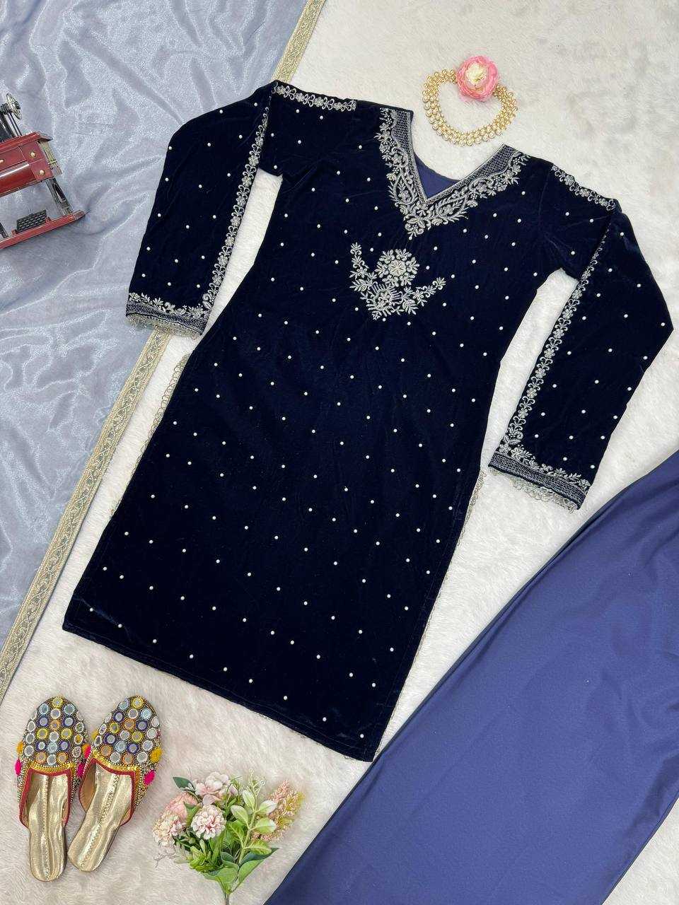 YNF VELVET RIN169 5771 SUITS & DRESSES WHOLESALE VELVET EMBROIDERY BLUE SALWAR LONG KURTI SUITS MANUFACTURE - Deevit International