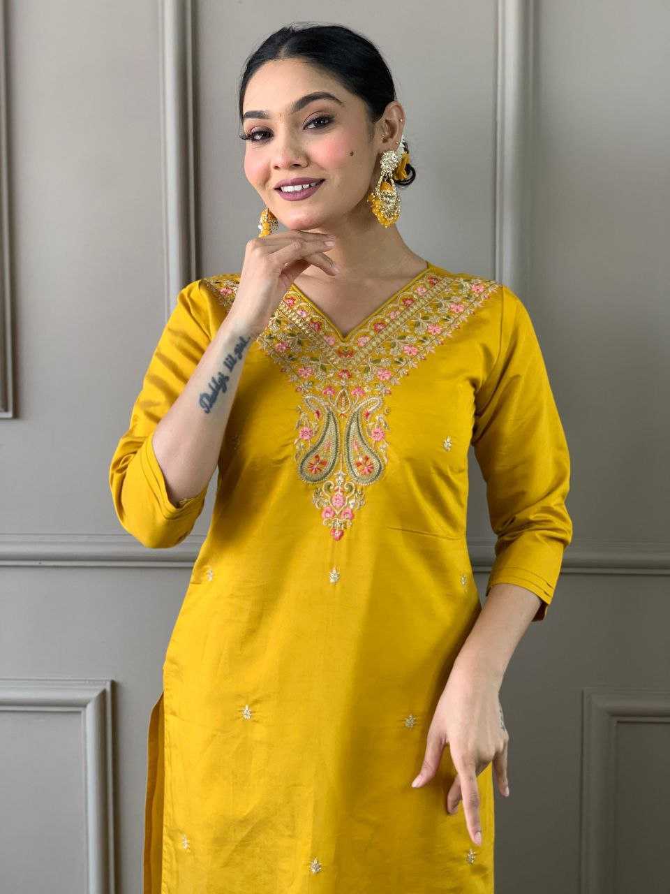 YNF VISCOSE CHANDERI KESH214 275 SUITS & DRESSES WHOLESALE LADIES CHANDERI LONG KURTI YELLOW SALWAR SUITS MANUFACTURE - Deevit International