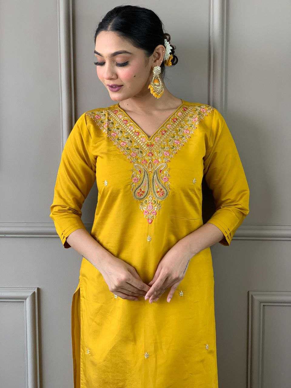 YNF VISCOSE CHANDERI KESH214 275 SUITS & DRESSES WHOLESALE LADIES CHANDERI LONG KURTI YELLOW SALWAR SUITS MANUFACTURE - Deevit International