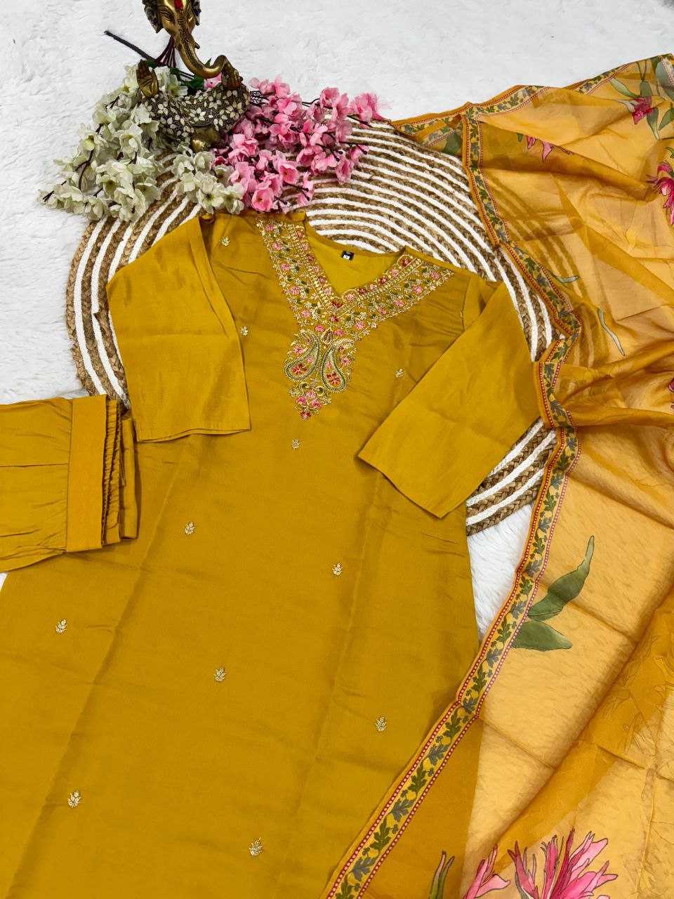 YNF VISCOSE CHANDERI KESH214 275 SUITS & DRESSES WHOLESALE LADIES CHANDERI LONG KURTI YELLOW SALWAR SUITS MANUFACTURE - Deevit International