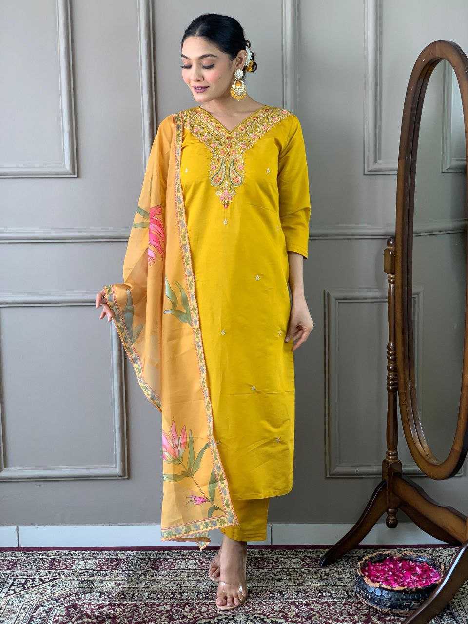 YNF VISCOSE CHANDERI KESH214 275 SUITS & DRESSES WHOLESALE LADIES CHANDERI LONG KURTI YELLOW SALWAR SUITS MANUFACTURE - Deevit International