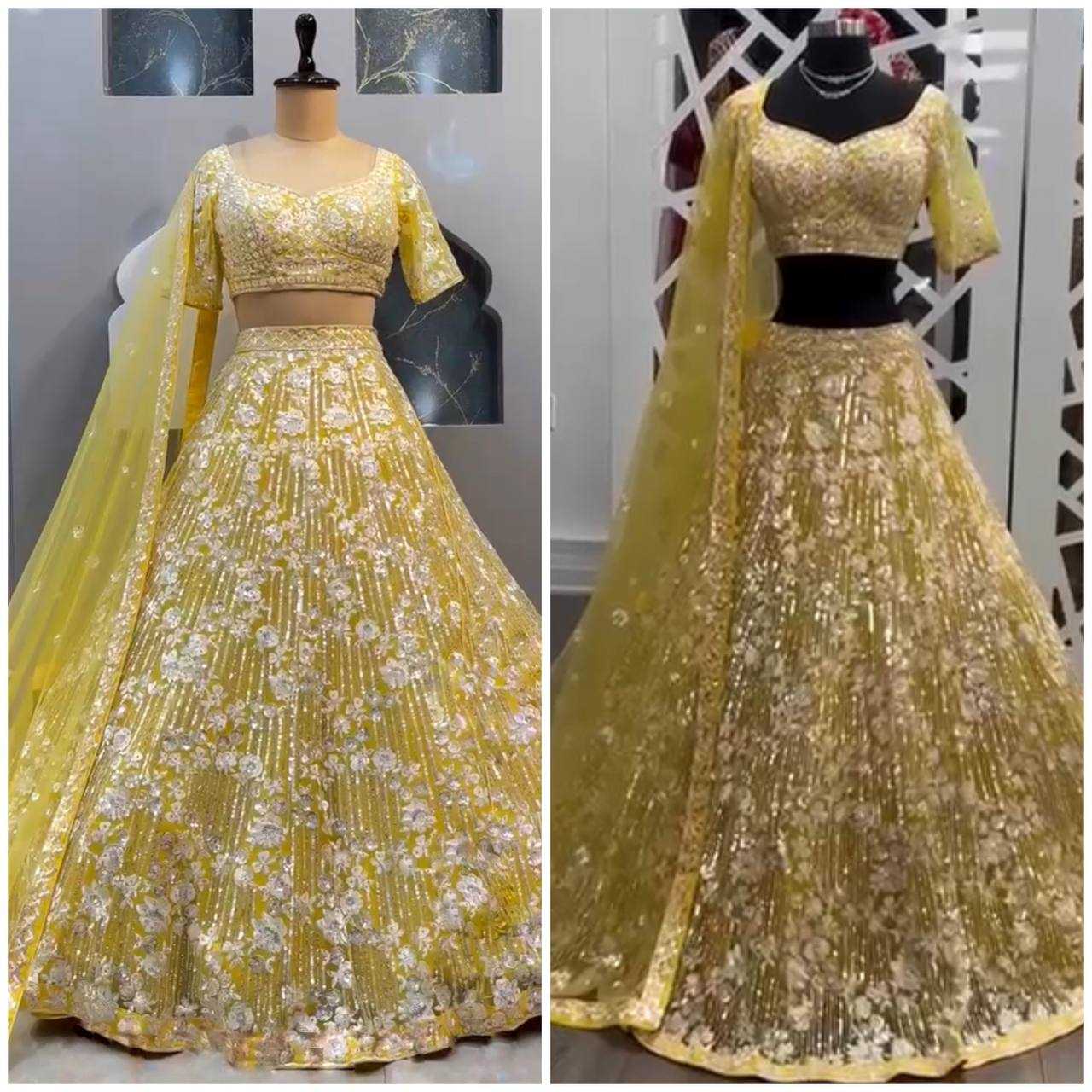 YNF BUTTERFLY NET RIN108 1694 LEHENGAS WHOLESALE BIRIDAL DESIGNER YELLOW HALDI OUTFITS LEHENGAS MANUFACTURER - Deevit International