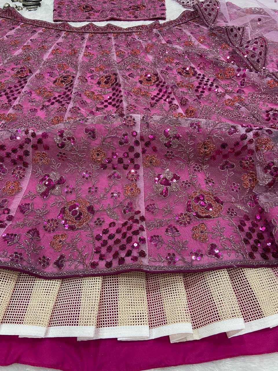 YNF BUTTERFLY NET RIN121 1002 LEHENGAS WHOLESALE EMBROIDERED DESIGNER NET FANCY SEQUNIS PINK LEHENGAS MANUFACTURER - Deevit International