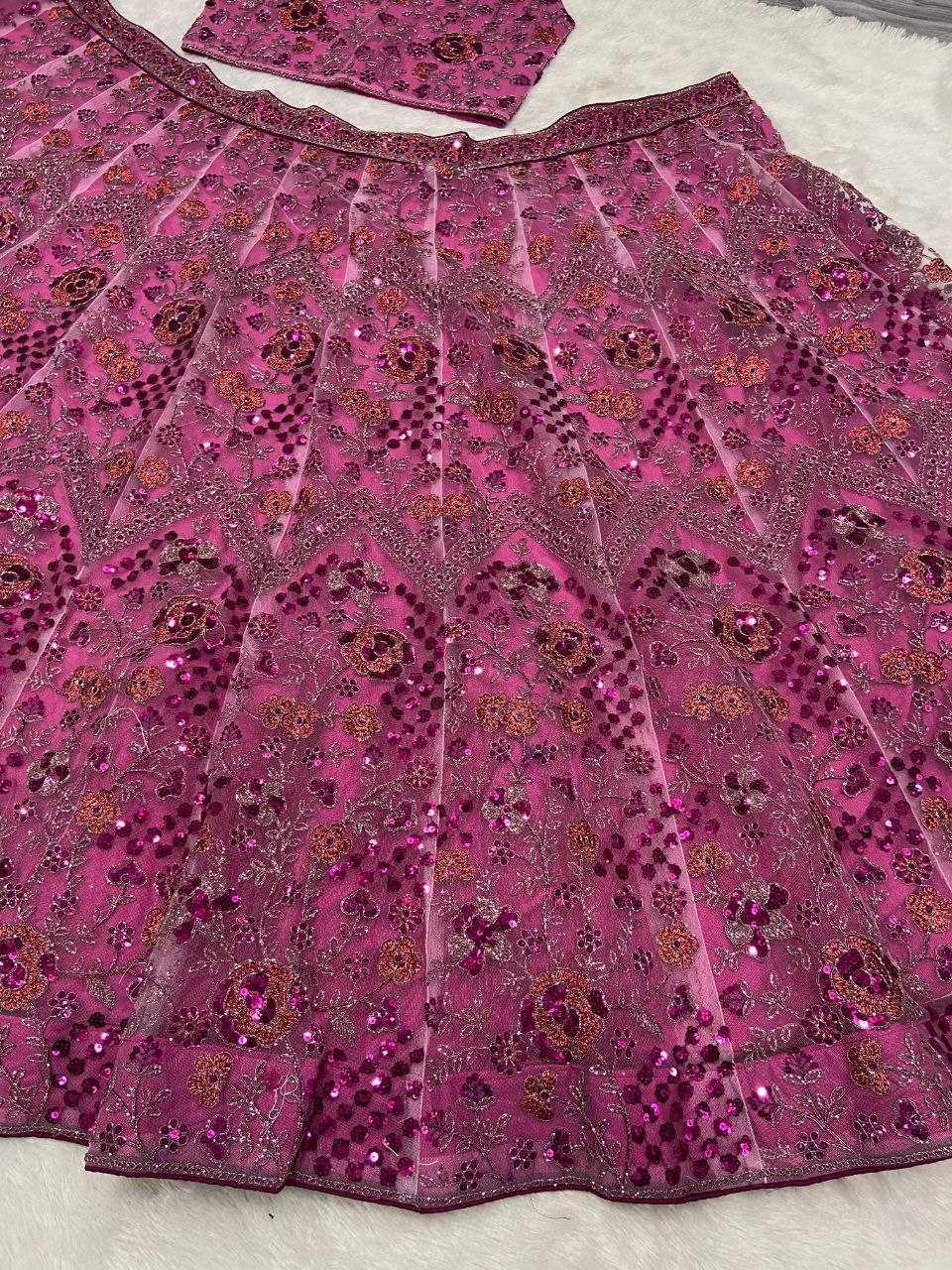 YNF BUTTERFLY NET RIN121 1002 LEHENGAS WHOLESALE EMBROIDERED DESIGNER NET FANCY SEQUNIS PINK LEHENGAS MANUFACTURER - Deevit International