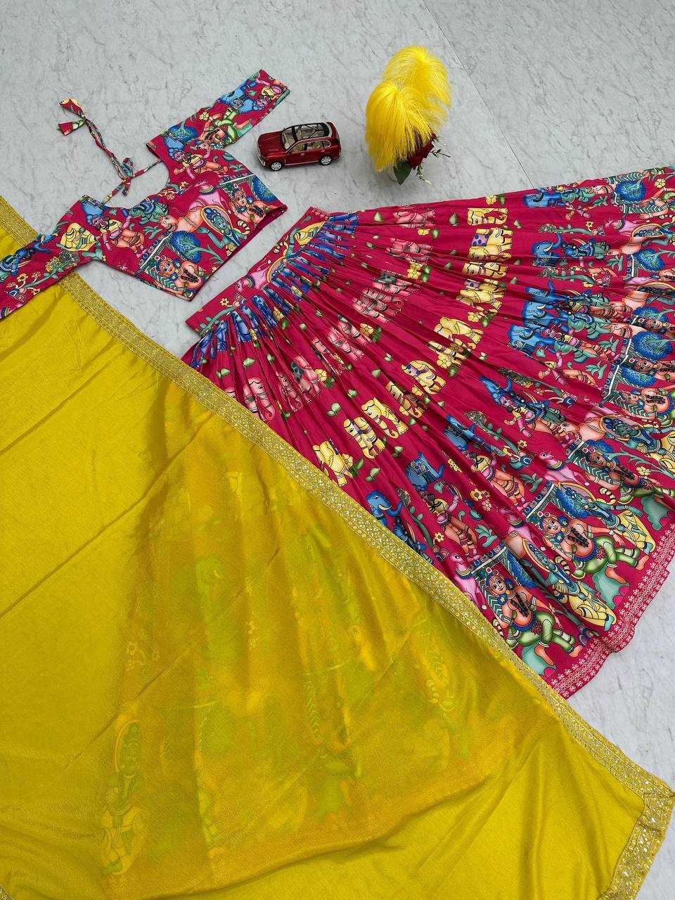 YNF CHENT CREP KESH119 460 LEHENGAS WHOLESALE KALAMKARI TRADITIONAL PRINTED RED LEHENGAS MANUFACTURER - Deevit International