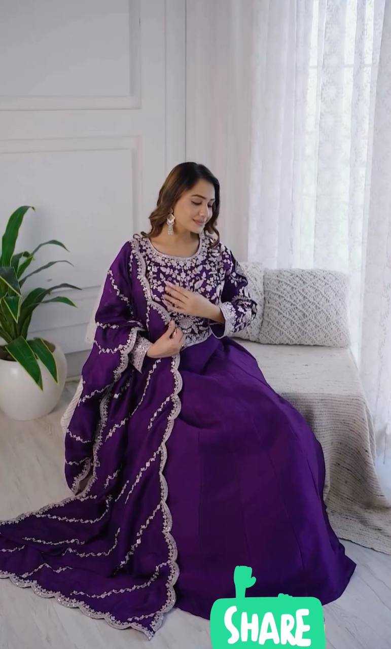 YNF CHINON KESH120 206 GOWNS WHOLESALE PURPLE ANARAKLI EMBROIDERY SILK GOWNS MANUFACTURER - Deevit International