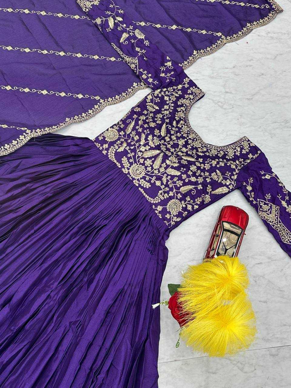 YNF CHINON KESH120 206 GOWNS WHOLESALE PURPLE ANARAKLI EMBROIDERY SILK GOWNS MANUFACTURER - Deevit International