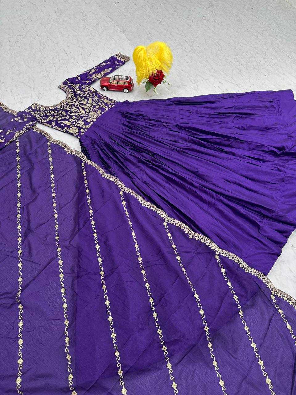 YNF CHINON KESH120 206 GOWNS WHOLESALE PURPLE ANARAKLI EMBROIDERY SILK GOWNS MANUFACTURER - Deevit International