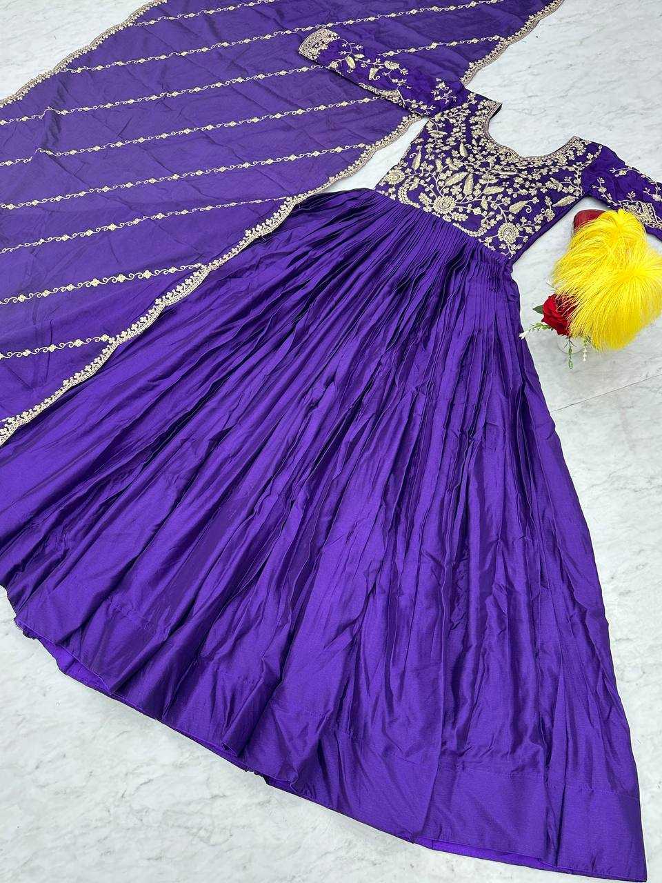 YNF CHINON KESH120 206 GOWNS WHOLESALE PURPLE ANARAKLI EMBROIDERY SILK GOWNS MANUFACTURER - Deevit International