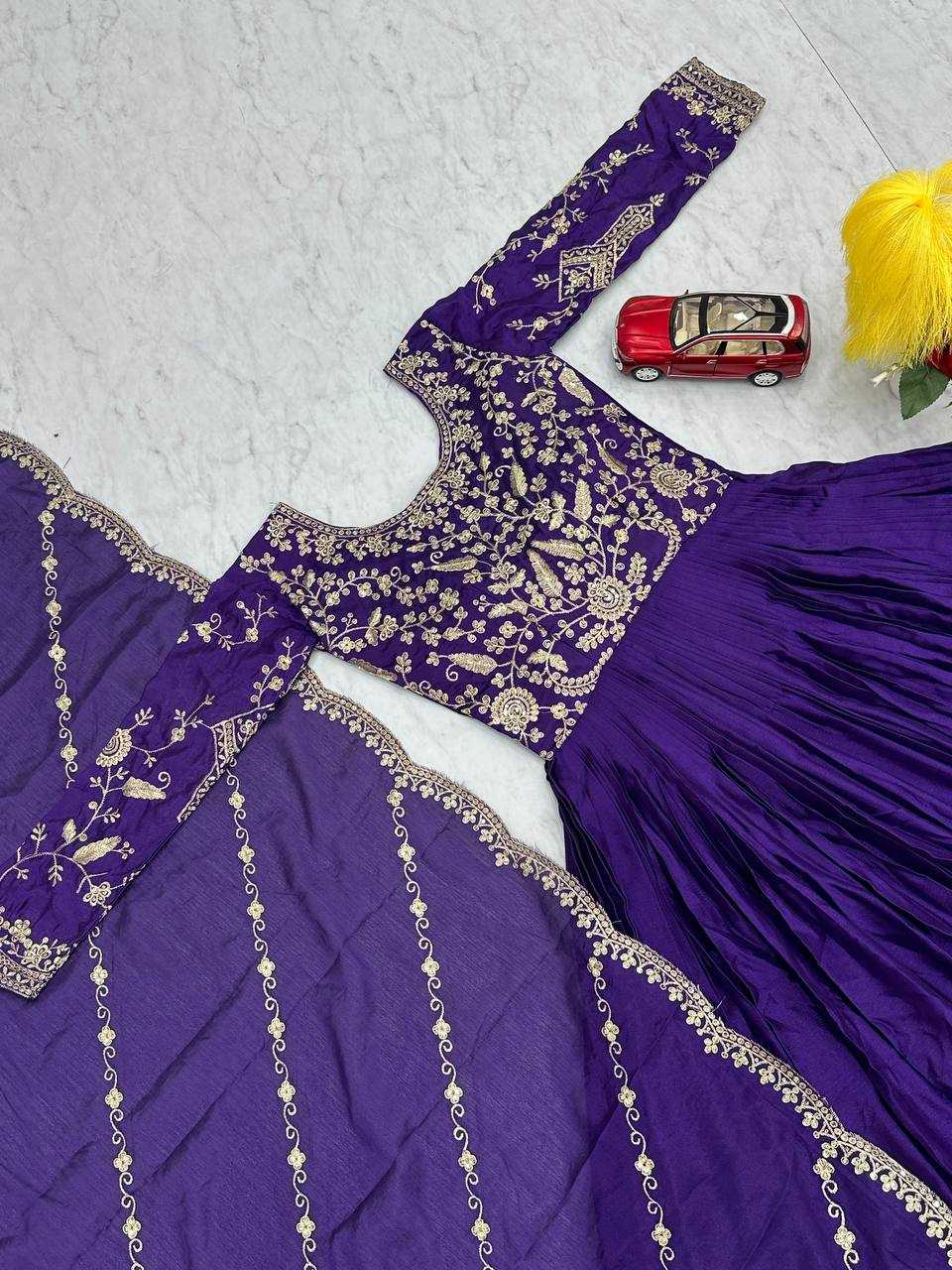 YNF CHINON KESH120 206 GOWNS WHOLESALE PURPLE ANARAKLI EMBROIDERY SILK GOWNS MANUFACTURER - Deevit International