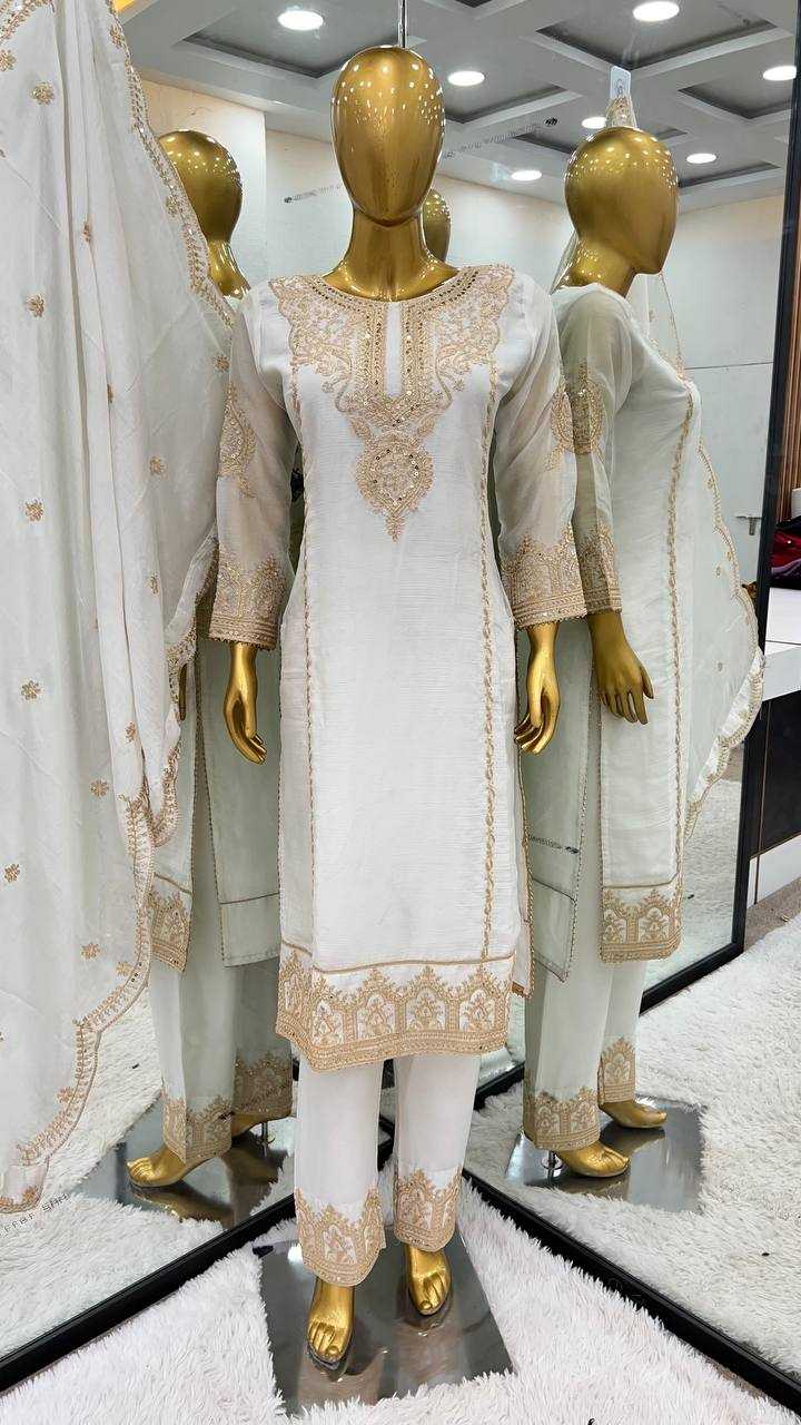 YNF CHINON SILK KESH128 398 SUITS & DRESSES WHOLESALE EMBROPIDERY PARTY WEAR WEDDING WHITE SUITS MANUFACTURE - Deevit International