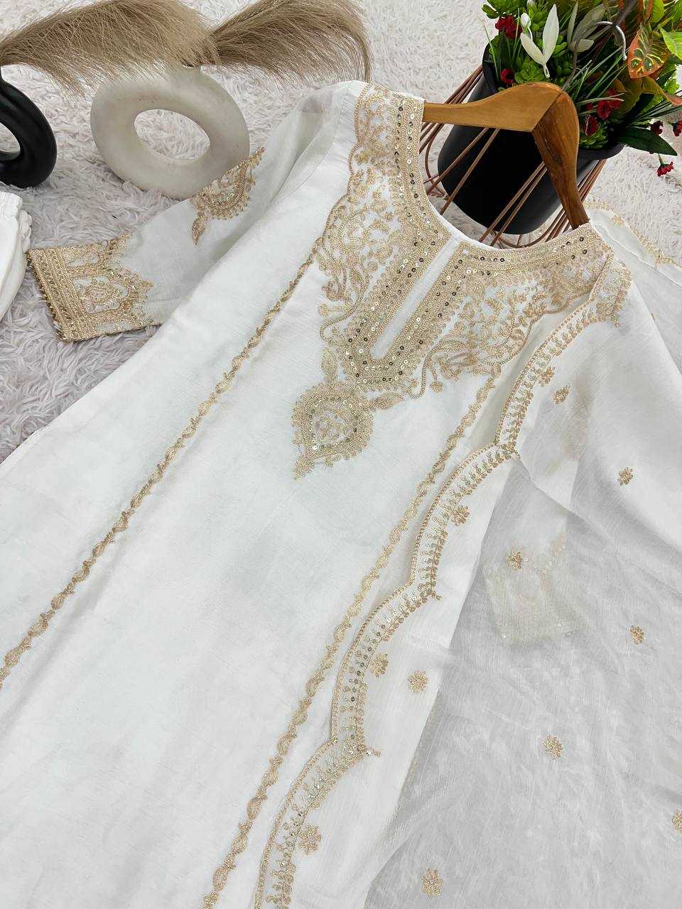 YNF CHINON SILK KESH128 398 SUITS & DRESSES WHOLESALE EMBROPIDERY PARTY WEAR WEDDING WHITE SUITS MANUFACTURE - Deevit International