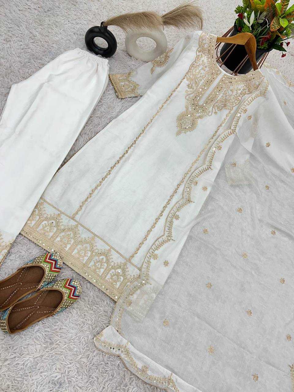 YNF CHINON SILK KESH128 398 SUITS & DRESSES WHOLESALE EMBROPIDERY PARTY WEAR WEDDING WHITE SUITS MANUFACTURE - Deevit International