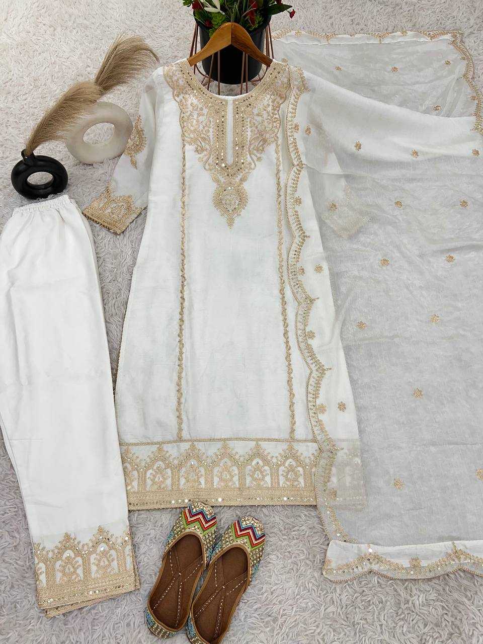 YNF CHINON SILK KESH128 398 SUITS & DRESSES WHOLESALE EMBROPIDERY PARTY WEAR WEDDING WHITE SUITS MANUFACTURE - Deevit International