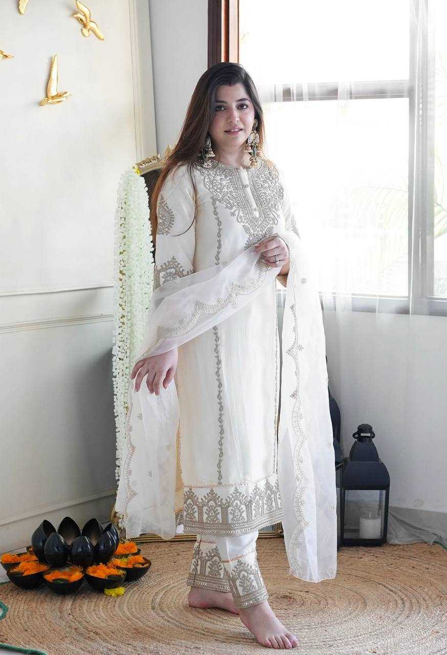 YNF CHINON SILK KESH128 398 SUITS & DRESSES WHOLESALE EMBROPIDERY PARTY WEAR WEDDING WHITE SUITS MANUFACTURE - Deevit International