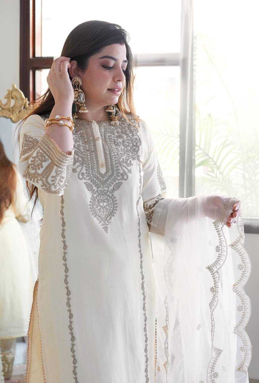 YNF CHINON SILK KESH128 398 SUITS & DRESSES WHOLESALE EMBROPIDERY PARTY WEAR WEDDING WHITE SUITS MANUFACTURE - Deevit International