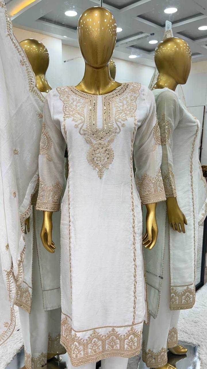 YNF CHINON SILK KESH128 398 SUITS & DRESSES WHOLESALE EMBROPIDERY PARTY WEAR WEDDING WHITE SUITS MANUFACTURE - Deevit International