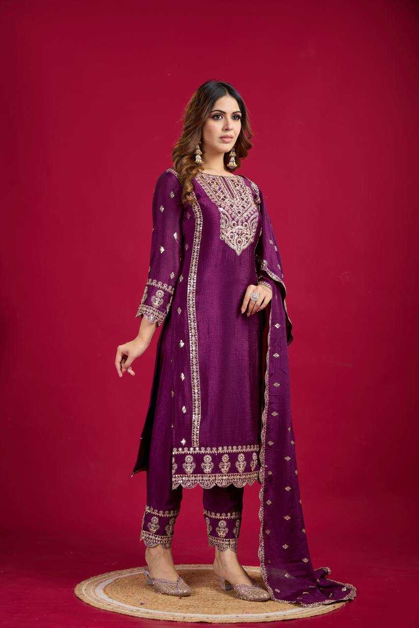 YNF CHINON SILK KESH128 5001 SUITS & DRESSES PRINTED EMBROIDERY WEDDING SILK LADIES SUITS MANUFACTUR - Deevit International