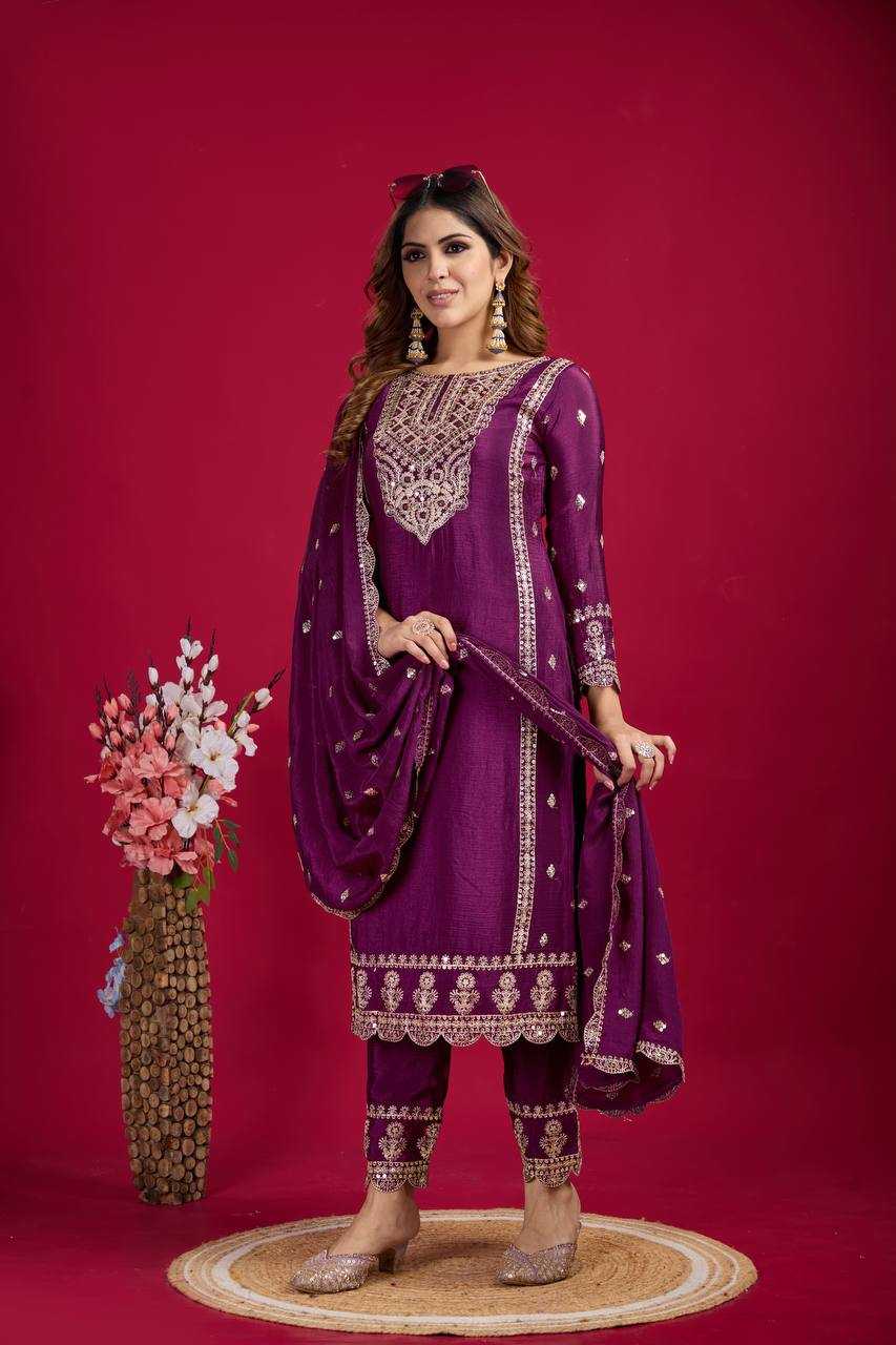 YNF CHINON SILK KESH128 5001 SUITS & DRESSES PRINTED EMBROIDERY WEDDING SILK LADIES SUITS MANUFACTUR - Deevit International