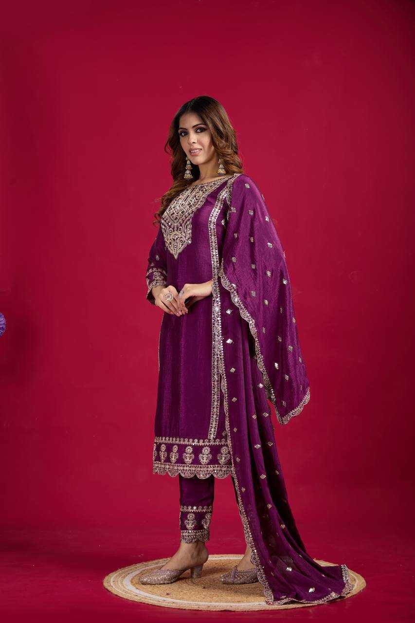 YNF CHINON SILK KESH128 5001 SUITS & DRESSES PRINTED EMBROIDERY WEDDING SILK LADIES SUITS MANUFACTUR - Deevit International