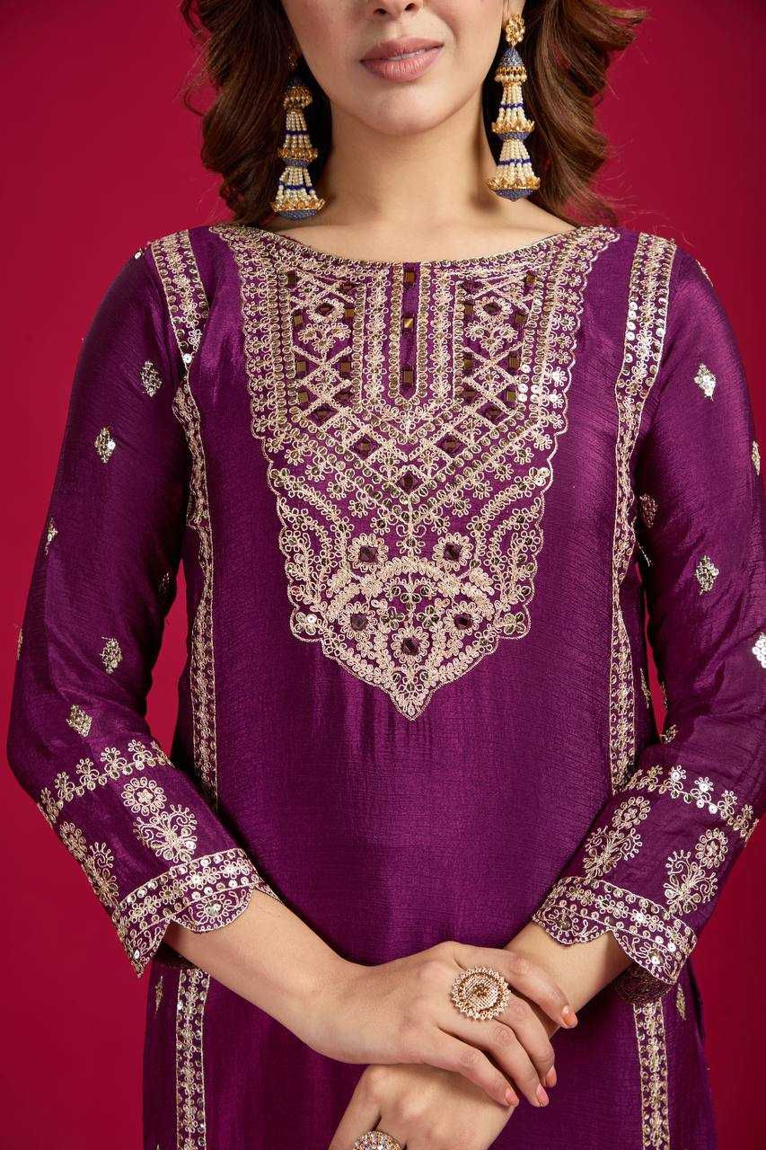 YNF CHINON SILK KESH128 5001 SUITS & DRESSES PRINTED EMBROIDERY WEDDING SILK LADIES SUITS MANUFACTUR - Deevit International