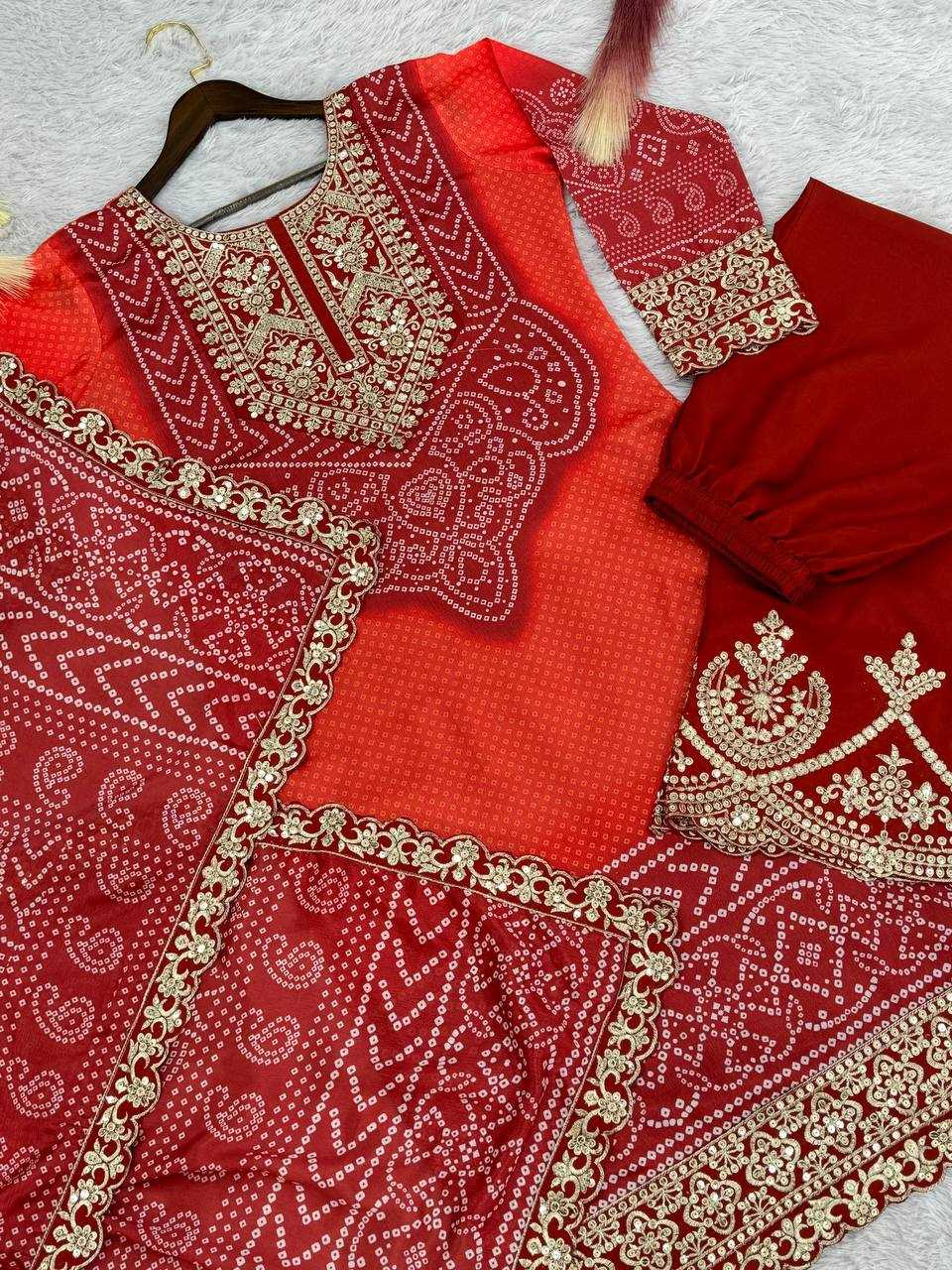 YNF CHINON SILK KESH227 1022 SUITS & DRESSES PRINTED EMBROIDERY WEDDING SILK BANDHANI SUITS MANUFACTUR - Deevit International