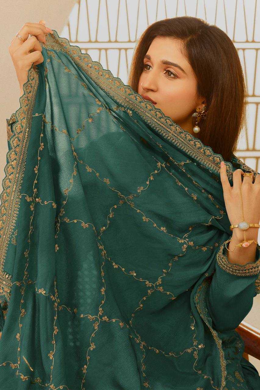 YNF CHINON SILK KESH228 572 SUITS & DRESSES PALAZZO EMBROPIDERY WEDDING GREEN SALWAR SUITS MANUFACTUR - Deevit International