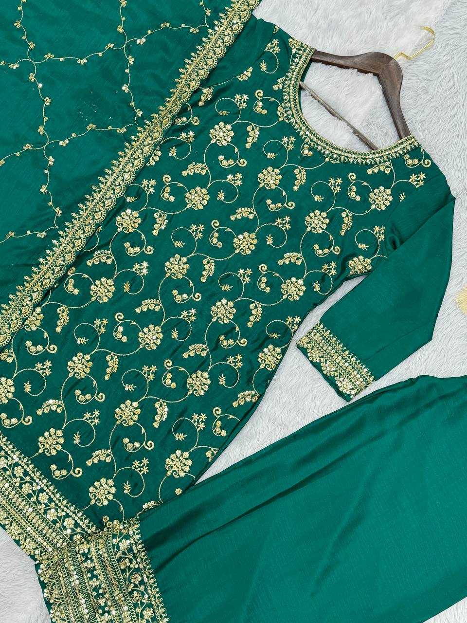 YNF CHINON SILK KESH228 572 SUITS & DRESSES PALAZZO EMBROPIDERY WEDDING GREEN SALWAR SUITS MANUFACTUR - Deevit International