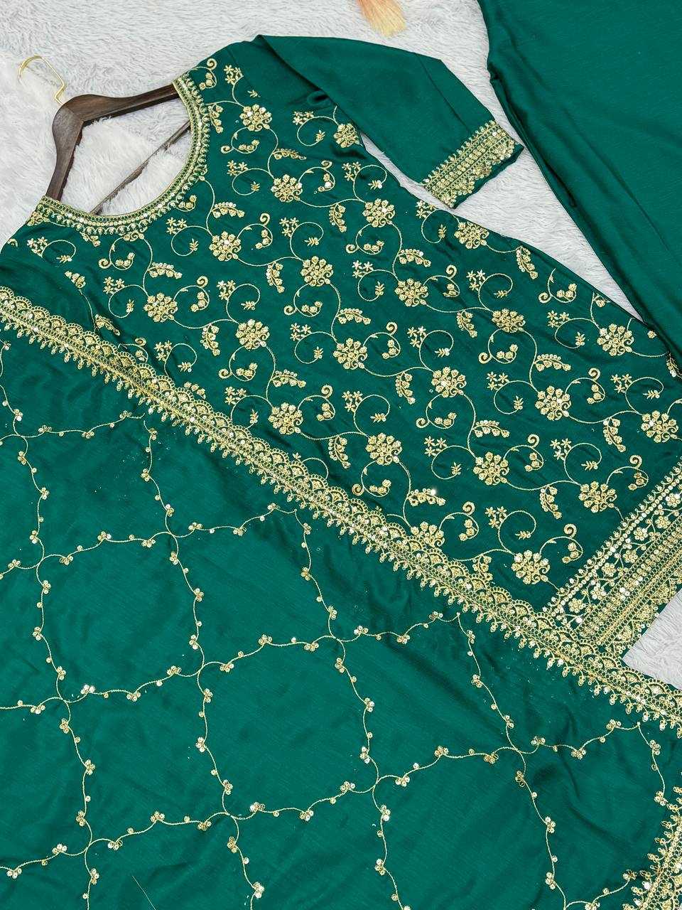 YNF CHINON SILK KESH228 572 SUITS & DRESSES PALAZZO EMBROPIDERY WEDDING GREEN SALWAR SUITS MANUFACTUR - Deevit International