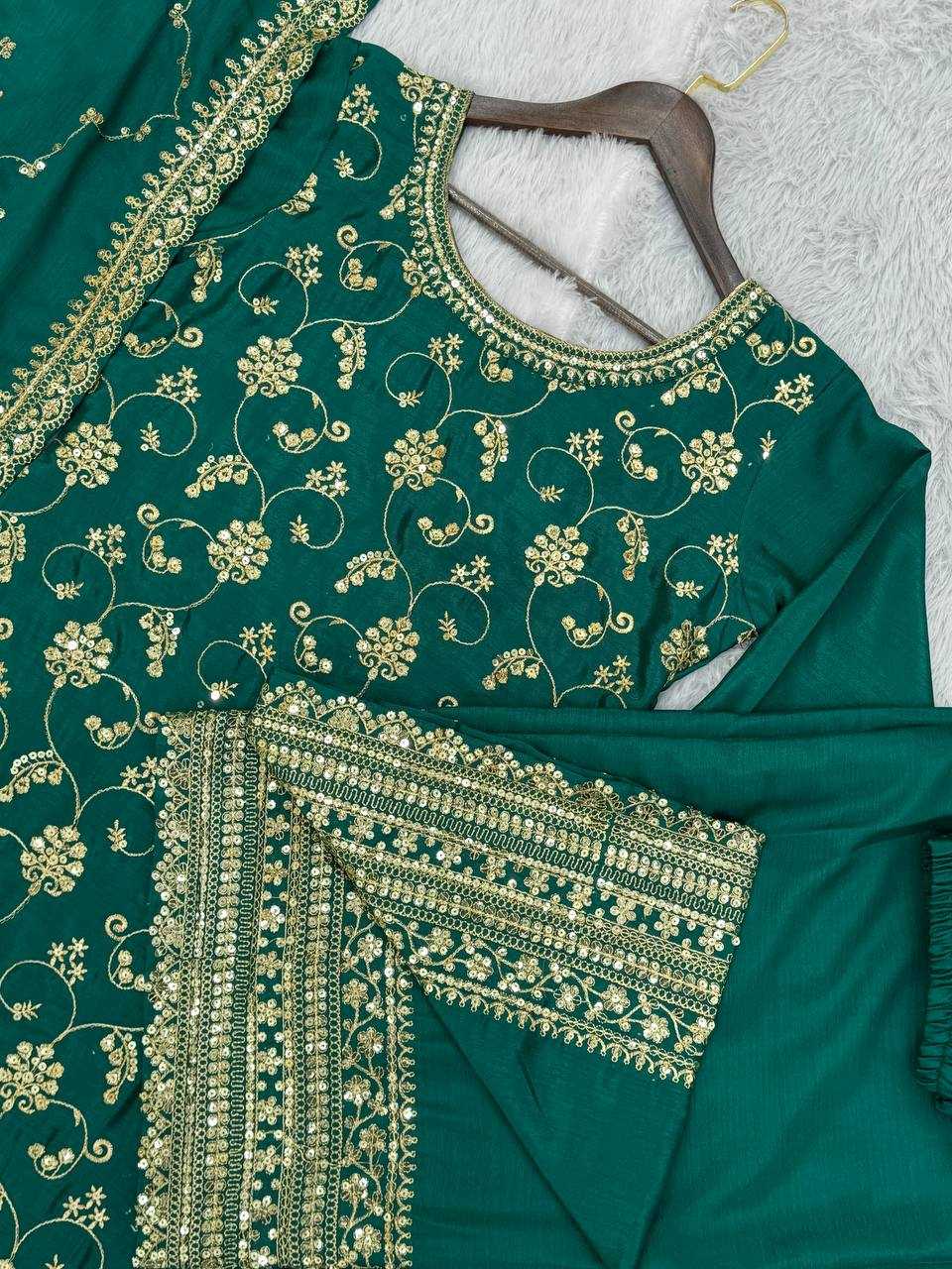 YNF CHINON SILK KESH228 572 SUITS & DRESSES PALAZZO EMBROPIDERY WEDDING GREEN SALWAR SUITS MANUFACTUR - Deevit International