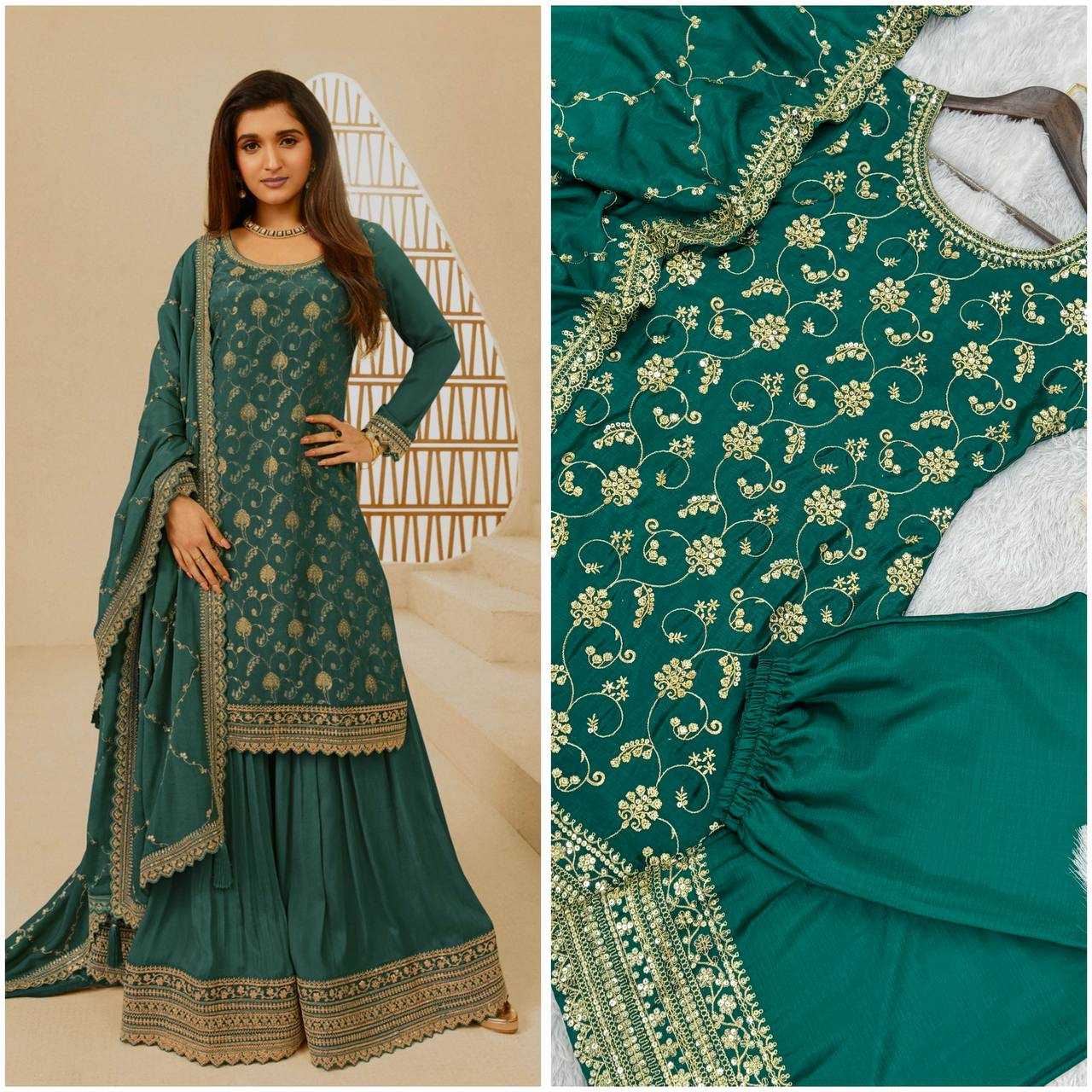 YNF CHINON SILK KESH228 572 SUITS & DRESSES PALAZZO EMBROPIDERY WEDDING GREEN SALWAR SUITS MANUFACTUR - Deevit International