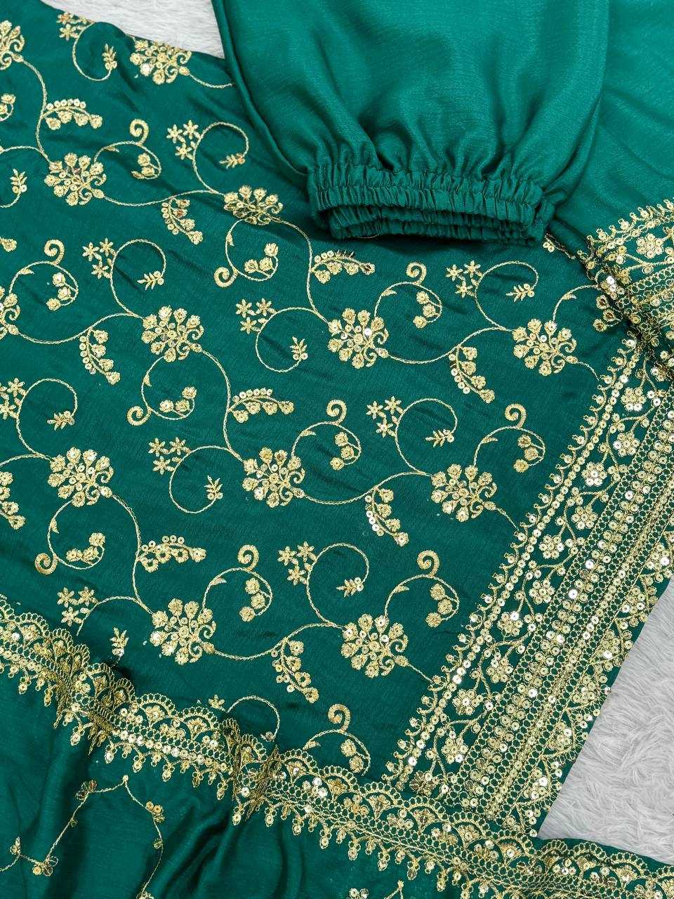 YNF CHINON SILK KESH228 572 SUITS & DRESSES PALAZZO EMBROPIDERY WEDDING GREEN SALWAR SUITS MANUFACTUR - Deevit International