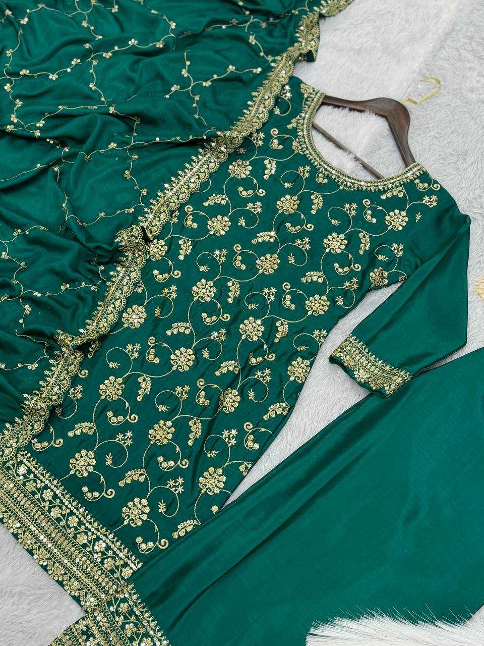 YNF CHINON SILK KESH228 572 SUITS & DRESSES PALAZZO EMBROPIDERY WEDDING GREEN SALWAR SUITS MANUFACTUR - Deevit International